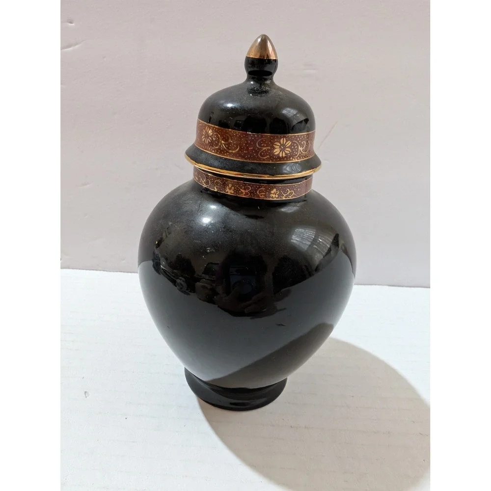 Vintage Japanese Black Ginger Jar with Lid Gold Floral Bird Design 7 Inch